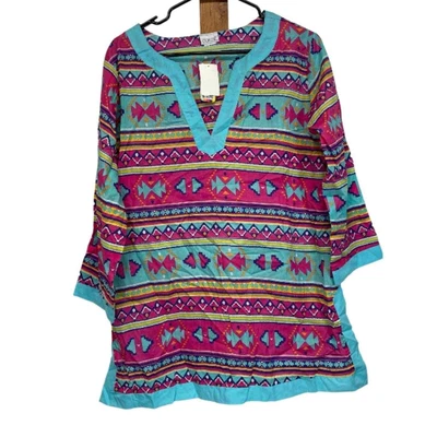 $25 • Buy All For Color Hadley Multicolor Aztec Print Half Sleeve Tunic Coverup Top Sz L