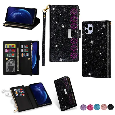 Bling Glitter Zipper Pause Leather Wallet Cover Case For IPhone 14 13 12 Pro Max • $16.49