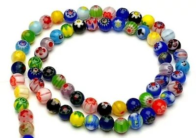 1 Strand 36cm Colorful Millefiori Flowers Glass Beads Lampwork Round Ball DIY 6mm • £3.36