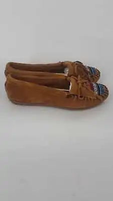 MINNETONKA MOCCASIN 402K WOMEN KILTY HARDSOLE BROWN SUEDE ARIZONA FABRIC Sz 7.5 • $41.95