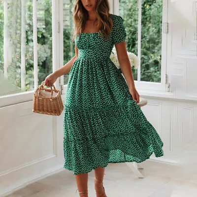 £10.99 • Buy Women Floral Boho Midi Dress Ladies Summer Holiday Beach Swing Kaftan Sundress