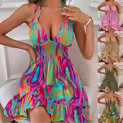 Women Sexy Backless Swign Dress Summer Deep V-Neck Beach Party Cami Mini Dress ` • $16.31