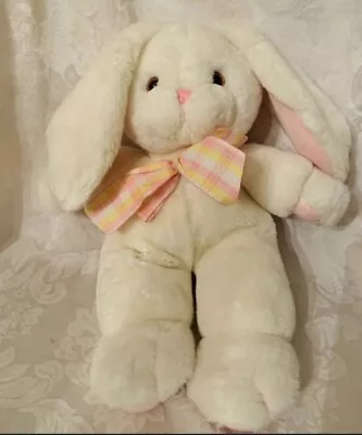 White Long Ears Easter Bunny Rabbit Plush Pastel Plaid Ribbon 16” • $14.49