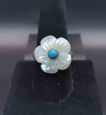 Vintage Carved Mother Of Pearl And Turquoise Ring  / Size 10 • $34.99