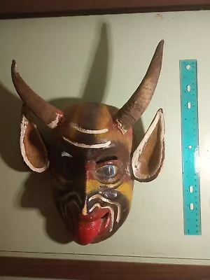 Mardi Gras Folk Art Carved Guerrero Wood Mask Devil Head Rattles Goat Horns 15  • $100