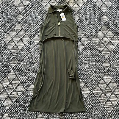 Michael Kors Womens Dress Midi Belted Sleeveless 1/4 Front Zip Green Sz Small • $34.95