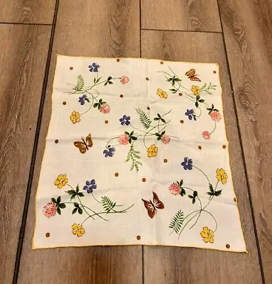 Butterfly And Polka Dot Vintage Hand Embroidered Flower Linen Tea Bathroom Towel • $6