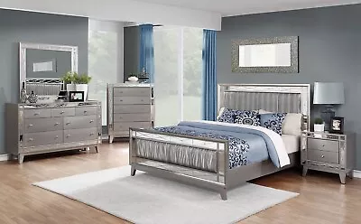 NEW Silver Finish & Fabric 5 Piece Queen King Bedroom Set - Modern Furniture L7E • $2176.85