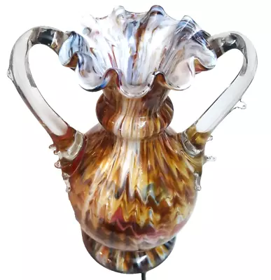 Excellent 7” Murano Venetian Art Glass End Of Day Vase Crimped Two Handled • $99.99