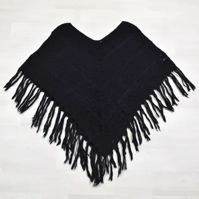 Y2K Arizona Black Knit Poncho Fringe One Size VTG 2000s Snow Bunny • $16.88