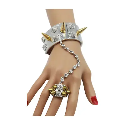 Women Silver Metal Hand Chain Gold Spikes Bracelet Ring Biker Motorcycle Look • $19.99