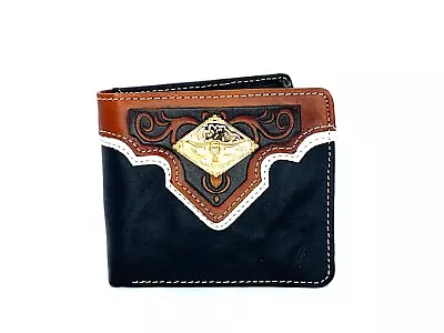 Western Short Wallet Men Longhorn Tooled Black Burgundy Rodeo Leather Bifold 4x3 • $19.99