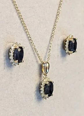 9ct Yellow Gold Sapphire & Natural Diamond Earrings & Pendant Necklace Set • £220