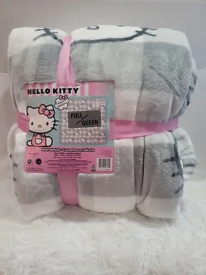 HELLO KITTY THROW BLANKET FULL QUEEN 90 X 90 PINK GRAY PLAID • $48