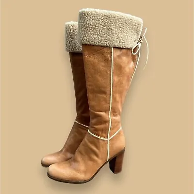 Vintage 90s Leather Tall Faux Shearling Fur Trim Zip Up Heel Boots Women's 7.5 • $100