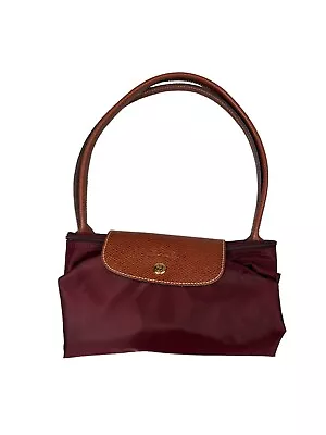 Longchamp Le Pliage Lightweight Burgundy Nylon Foldable Tote Brown Leather Trim • $35