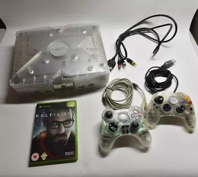 Original Xbox Crystal Console With 2x Clear Controllers HL2 Game Tested Working • £90