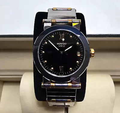 MOVADO VIZIO  MUSEUM  MEN'S WATCH 35mm BLACK DIAL GOLD SILVER STAINLESS STEEL • $380