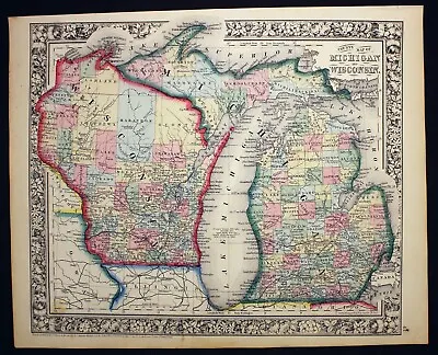 1864 Map Michigan And Wisconsin County Map Antique Original Hand Colored • $69.50