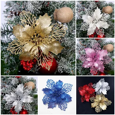 5Pcs Glitter Christmas Flowers Golden Powder Decorations Home Xmas Tree Ornament • $0.90