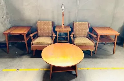 6 Piece MCM Habitant Bay City MI Knotty Pine Rustic Chairs Tables & Lamp • $1900