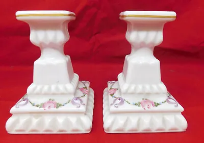 Candle Stick Pair Westmoreland Milk Glass Hand Painted Roses & Bows Hallmarked • $22.50