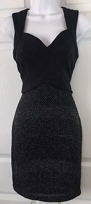 Vintage GUESS Bodycon Bandage Mini Dress Black Metallic Silver Stretch Size 4 • $30