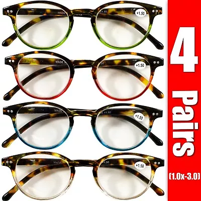 4 Pairs Mens Women Spring Hinge Round Horn Power Oval Reading Reader Glasses 1-3 • $12.49