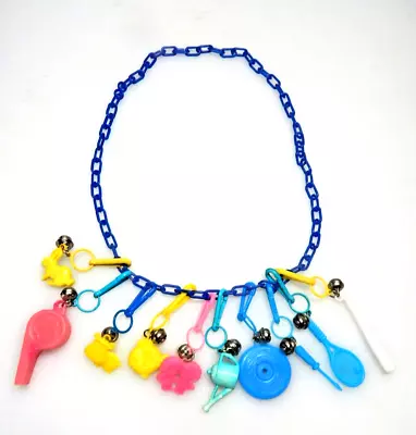 Vintage 1980s Plastic Clip On 80s Bell Charms Chain Link Necklace Blue • $29.99