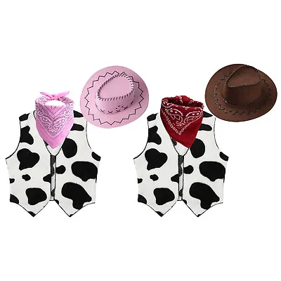 Kids Cowboy Cowgirl Wild West Fancy Dress Up Waistcoat With Felt Hat Bandanna • £15.91