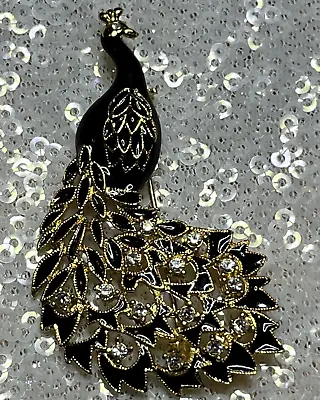 Vintage Unsigned EISENBERG Black Enamel And Gold-plate Rhinestone Peacock Brooch • $22.48