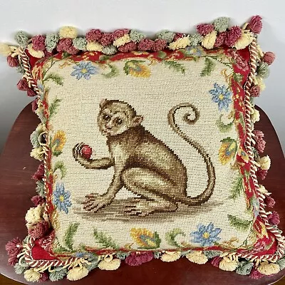 Wool Needlepoint Aubusson Pillow Velvet 17” Capuchin? Monkey Tapestry Tassels • $139.99