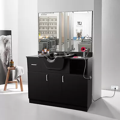 Backwash Sink Station Shampoo Bowl Salon Beauty Mirror+Drawer+USB+P Trap+Outlets • $399.96