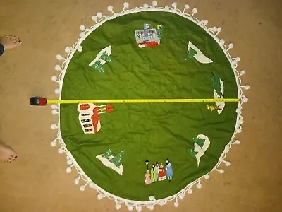 Vintage Handmade 53  Round Green Felt Christmas Tablecloth W/ Sequined Designs • $30