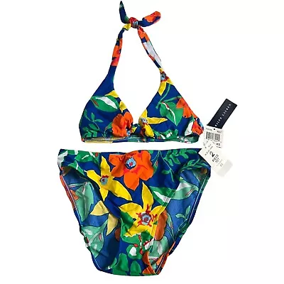 Ralph Lauren Bikini Set XS Halter Top Floral Blue Yellow Red Swimsuit Swim • £33.24
