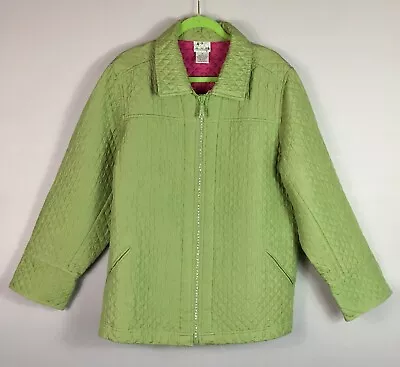 Quaker Factory Jacket Womens 1X Green Quilted 100% Silk Rhinestone Full Zipper • $29.97