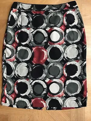 Marks And Spencer Pencil Skirt 12 Red Mix Abstract Circle 100% Viscose  • £1.75