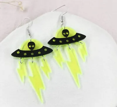 Alien Space UFO Halloween Earrings Neon Green  1 Pair Big Dangle Jewelry Y2K • $9.99