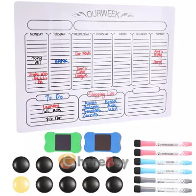 Magnetic Fridge Weekly Meal Planner Dry Wipe 16.5x12  White Notice Board + 6 Pen • $16.19