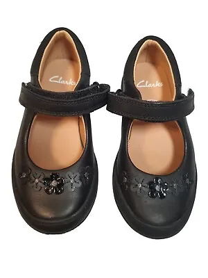 Clarks SCOOTER JUMP Black Leather School Shoes Toddler Girls UK Size 8 Fit H • £29.95
