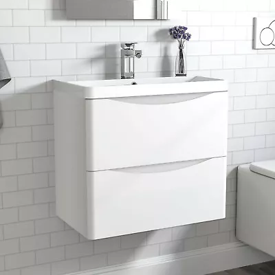 Bathroom Vanity Unit With Basin Cloakroom Sink Unit Wall Hung Two Drawers White • £179.99