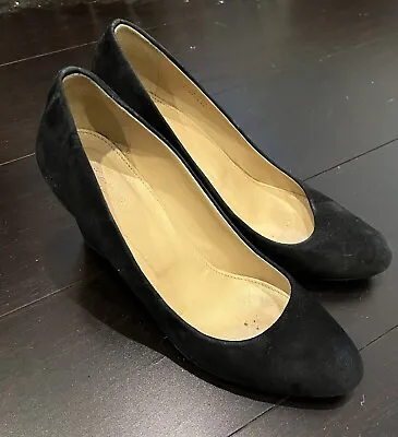 J Crew Italian Suede Martina Wedge Heels Rounded Toe Black Leather Suede Size 7 • $37