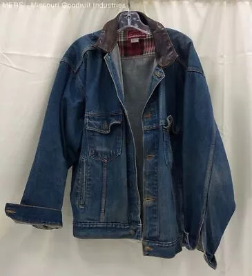 Marlboro Country Store Vintage Leather Collar Button Up Denim Jacket - Size XL • $14.99