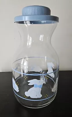 Country Kitchen Rabbit Glass Bottle Jug Juice Carafe Blue Lid 8 1/2  Libbey • $13.99