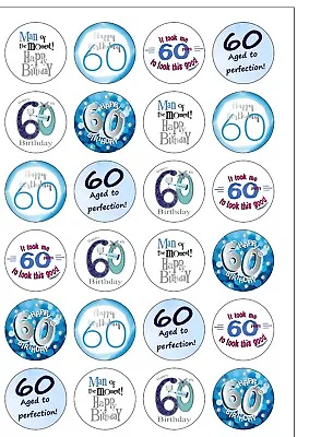 24 PRECUT Age 60 60th MAN Birthday Edible Wafer Cupcake Cake Toppers  • £2.49