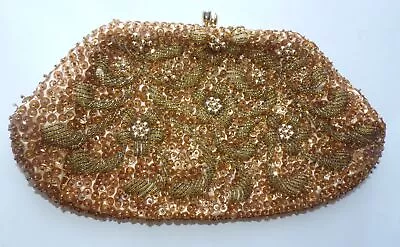 Vintage 50s 60s Gold Sequin Beaded Evening Bag Purse Clutch Hand Made Hong Kong • $15.99