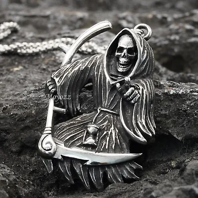 Goth Mens Biker Skull Grim Reaper Death Pendant Necklace Stainless Steel • $10.99