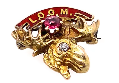 Vintage Loyal Order Of The Moose Diamond Ruby Pin Brooch Yellow Gold Victorian • $149