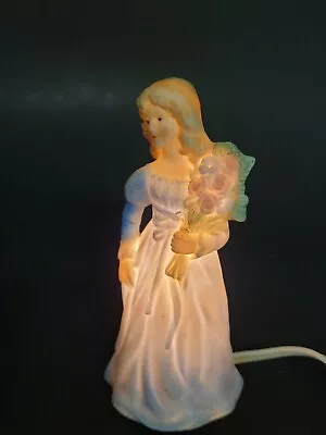 Vnt Japan I W Rice Ceramic Lamp Young Girl In Blue DRESS With Bouquet Night Lite • $25.95