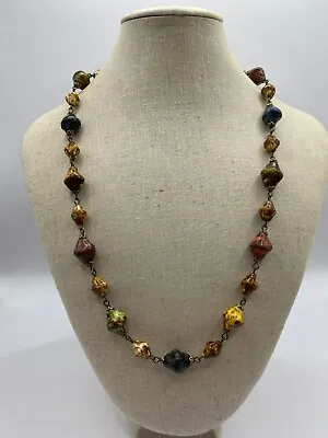 Vintage Jewellery Murano Faux Agate Multi Coloured Glass Bead Wire Link Necklace • £14